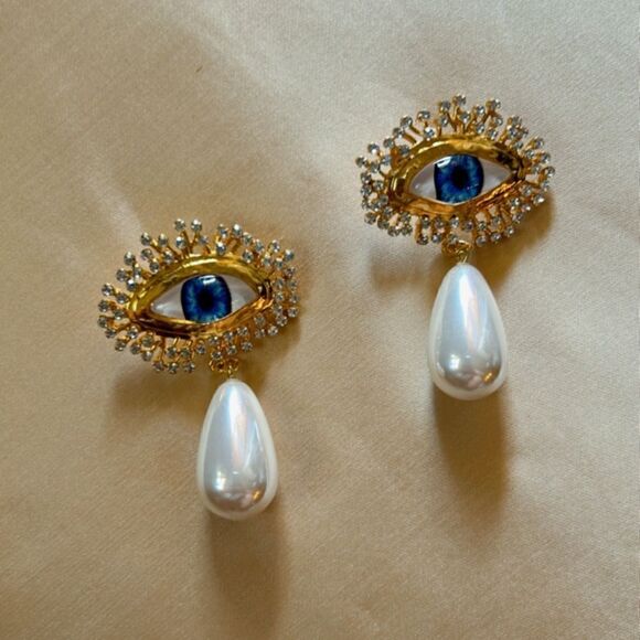 trendy evil eye pearl drop earrings A430 - Picture 2 of 4